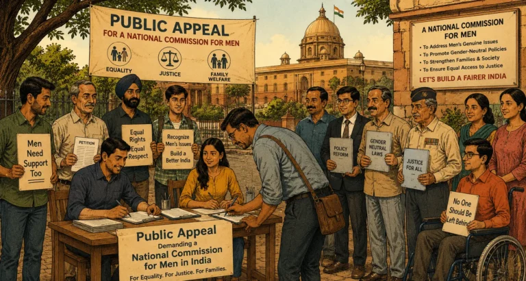 Public appeal signature drive demanding National Commission for Men in India, men and women holding equality and justice signs outside Parliament