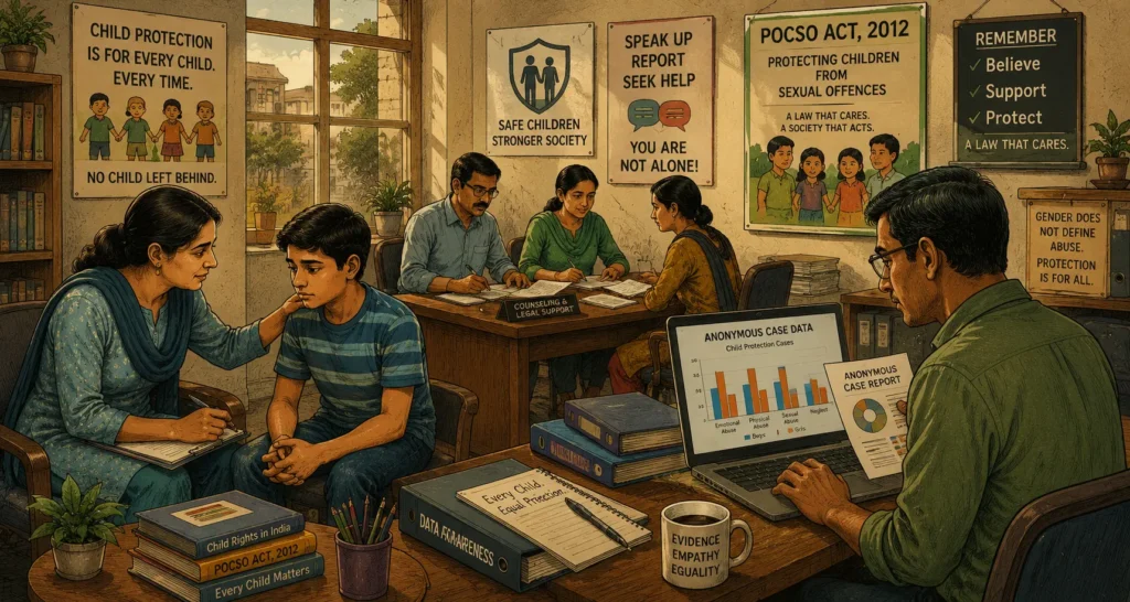 Counseling session with boy and family, POCSO Act 2012 child protection posters, gender-neutral abuse awareness case data