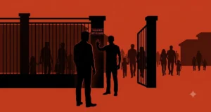 Silhouette of single man refused entry at gated housing society, sign reads Single Men Not Allowed — rental discrimination India