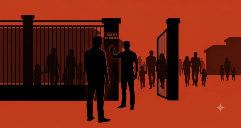 Silhouette of single man refused entry at gated housing society, sign reads Single Men Not Allowed — rental discrimination India